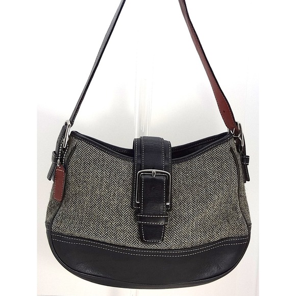 Coach Shoulder Bag Black Tweed Leather Herringbone magnetic snap strap closure - Picture 1 of 8